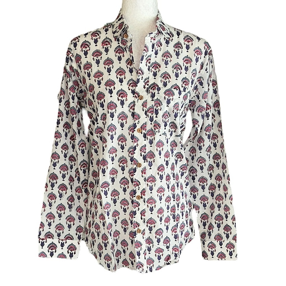 NWT Summer House White Pink Blue Hand Blocked Floral Print Button Down Shirt - M